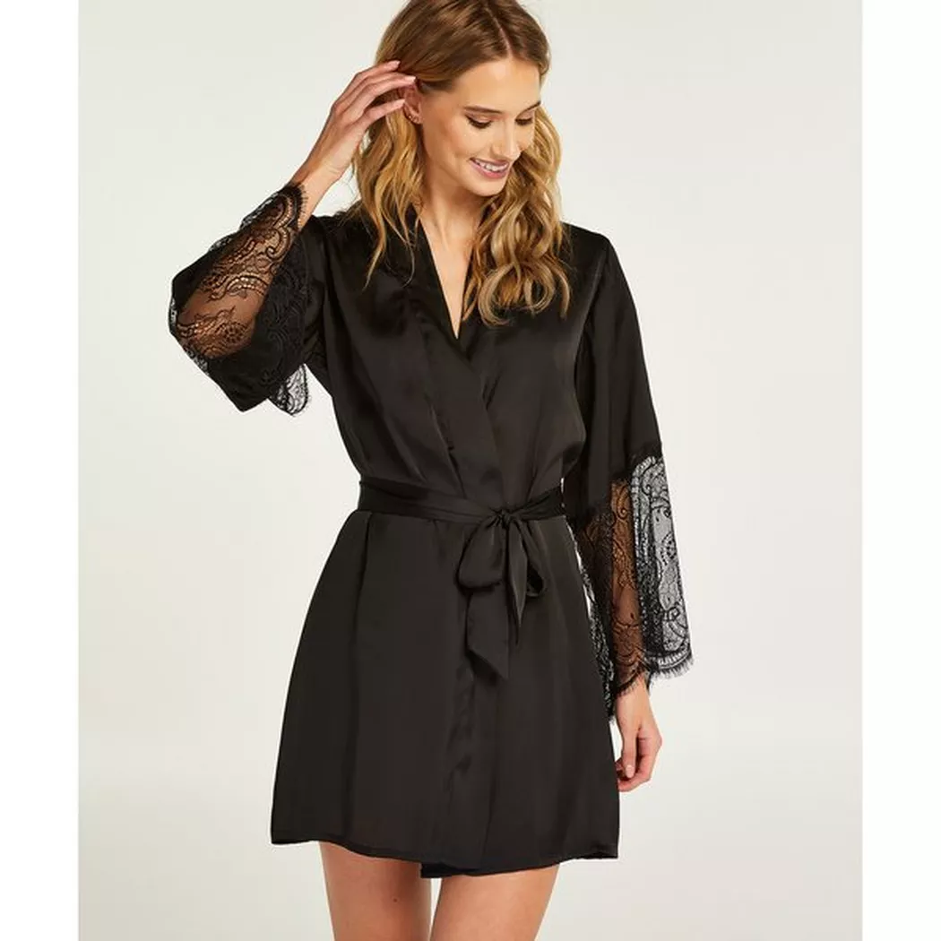 Bademantel HUNKEMÖLLER "Kimono Satin" Gr. XS, schwarz, XS/S, 100% Polyester, Hausmäntel, Bademantel