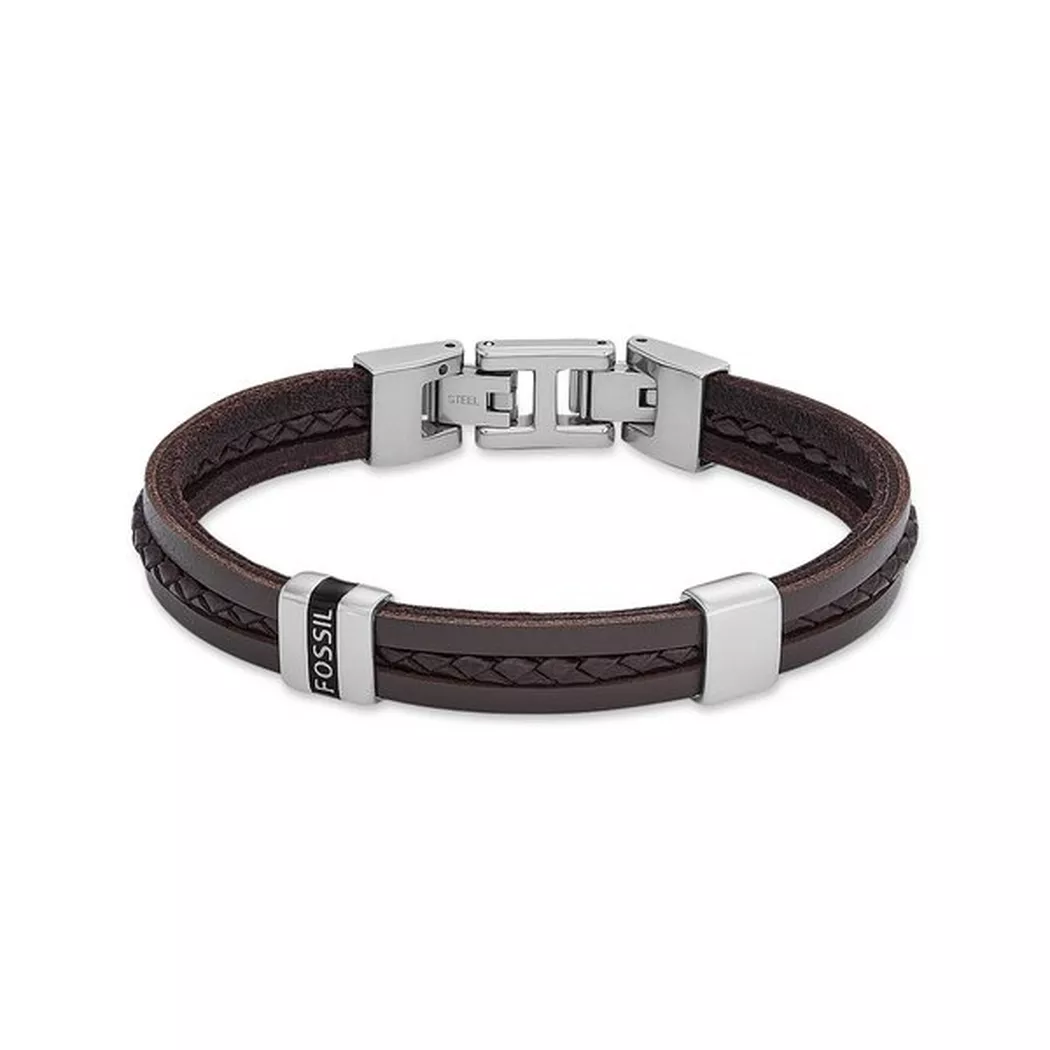 Armband FOSSIL "Schmuck Geschenk Edelstahl Leder Armschmuck JEWELRY", braun (edelstahlfarben, braun), Armbänder, Damen, 19,5cm, Edelstahl Leder, Edelstahl, Leder, Armband 2