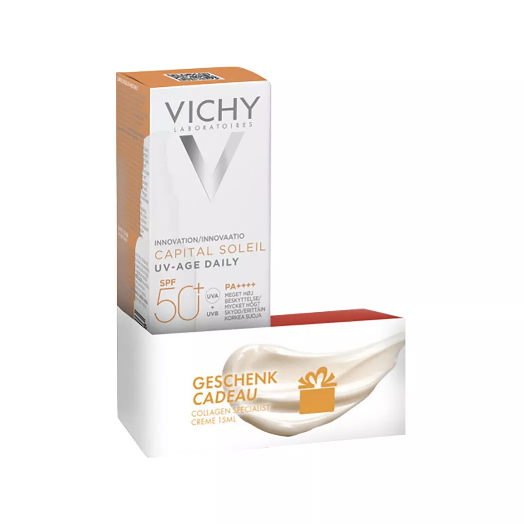 VICHY - Capital Soleil Anti-Fotoaging Gesichtspflege UV-AGE DAILY LSF50+ /PPD46 + Anti-Aging Pflege Liftactiv Collagen Specialist Geschenkt, CS UV age SPF50 & Lift CS nuit, Set