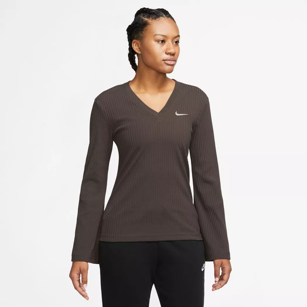 Nike W NSW Rib Jrsy LS Vnk Top Long Sleeve T-Shirt Brown S