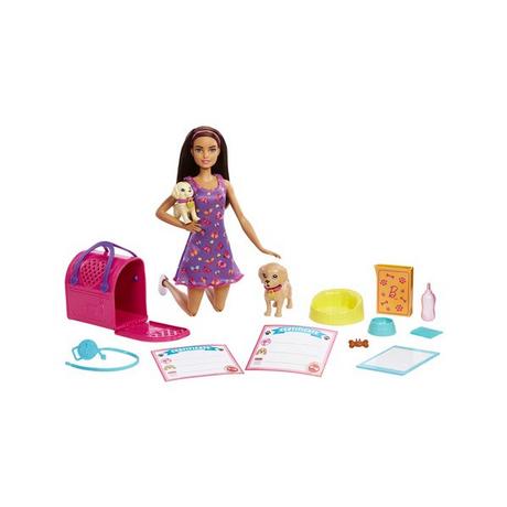 Barbie  Poupée d'adoption de chien (brune), set de jeu avec accessoires 