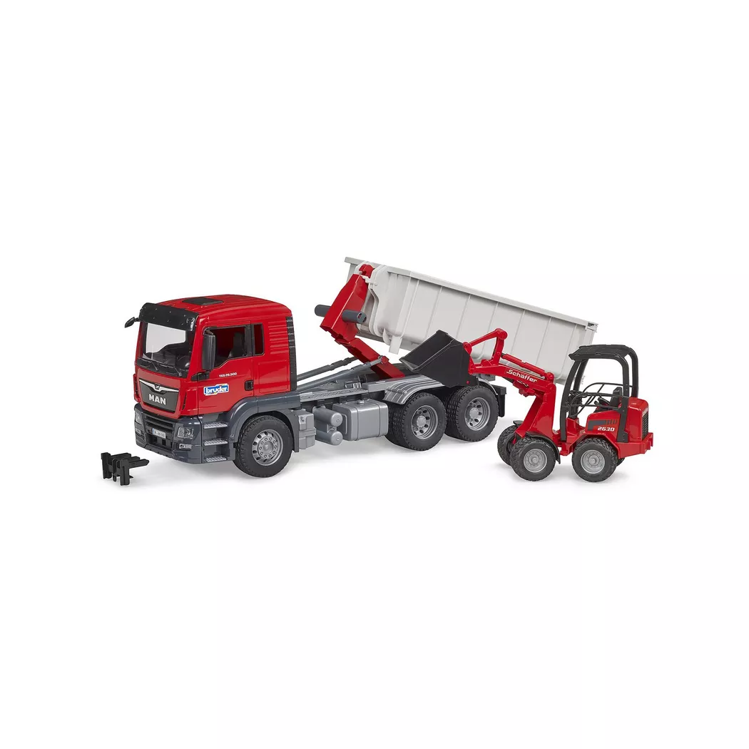 Bruder LKW Modell MAN TGS mit Abrollcontainer + Schäffer Hoflader Fertigmodell