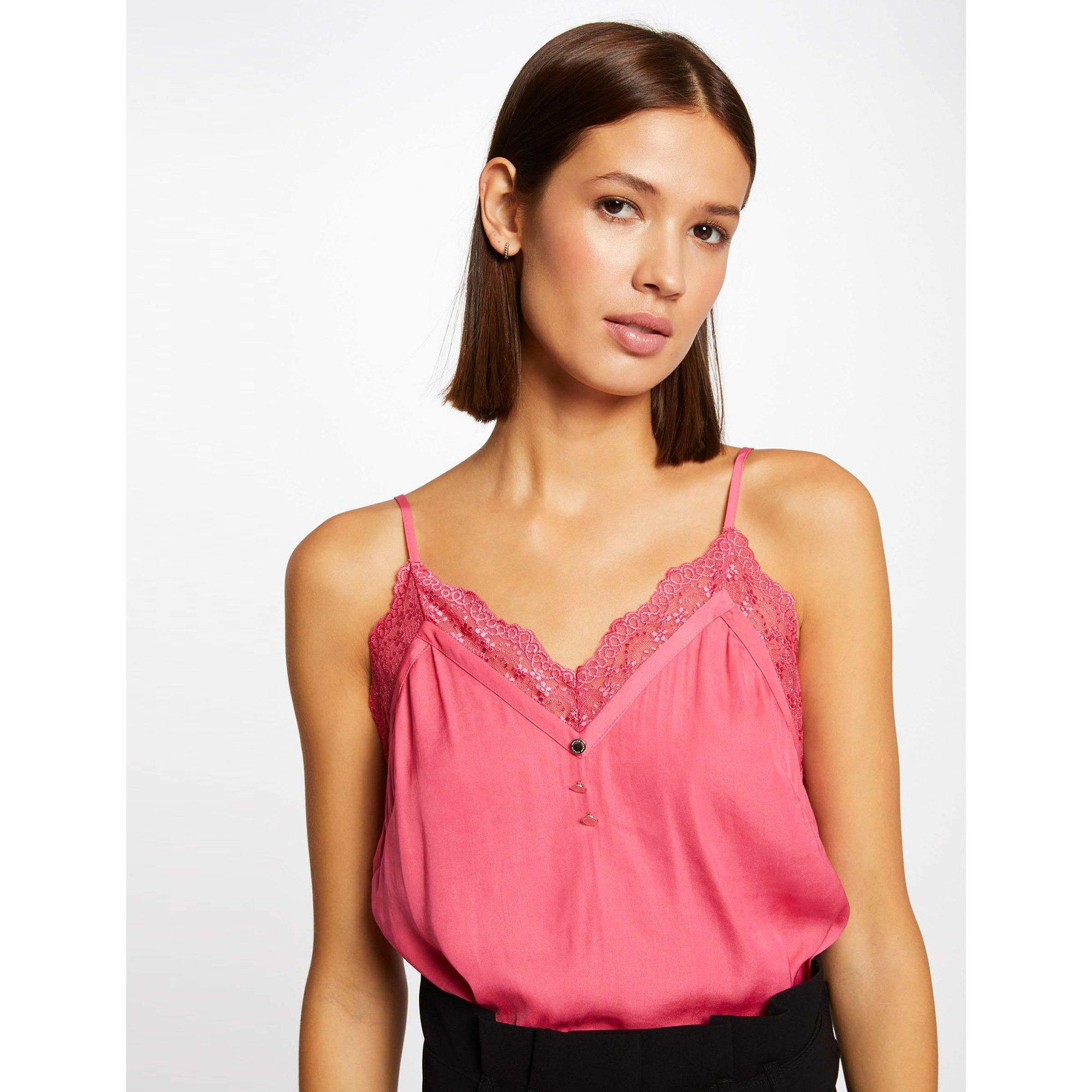 Damen Top Mit Spitzenbesatz Seidensatin - Asymmetrisches Spaghettiträger Top