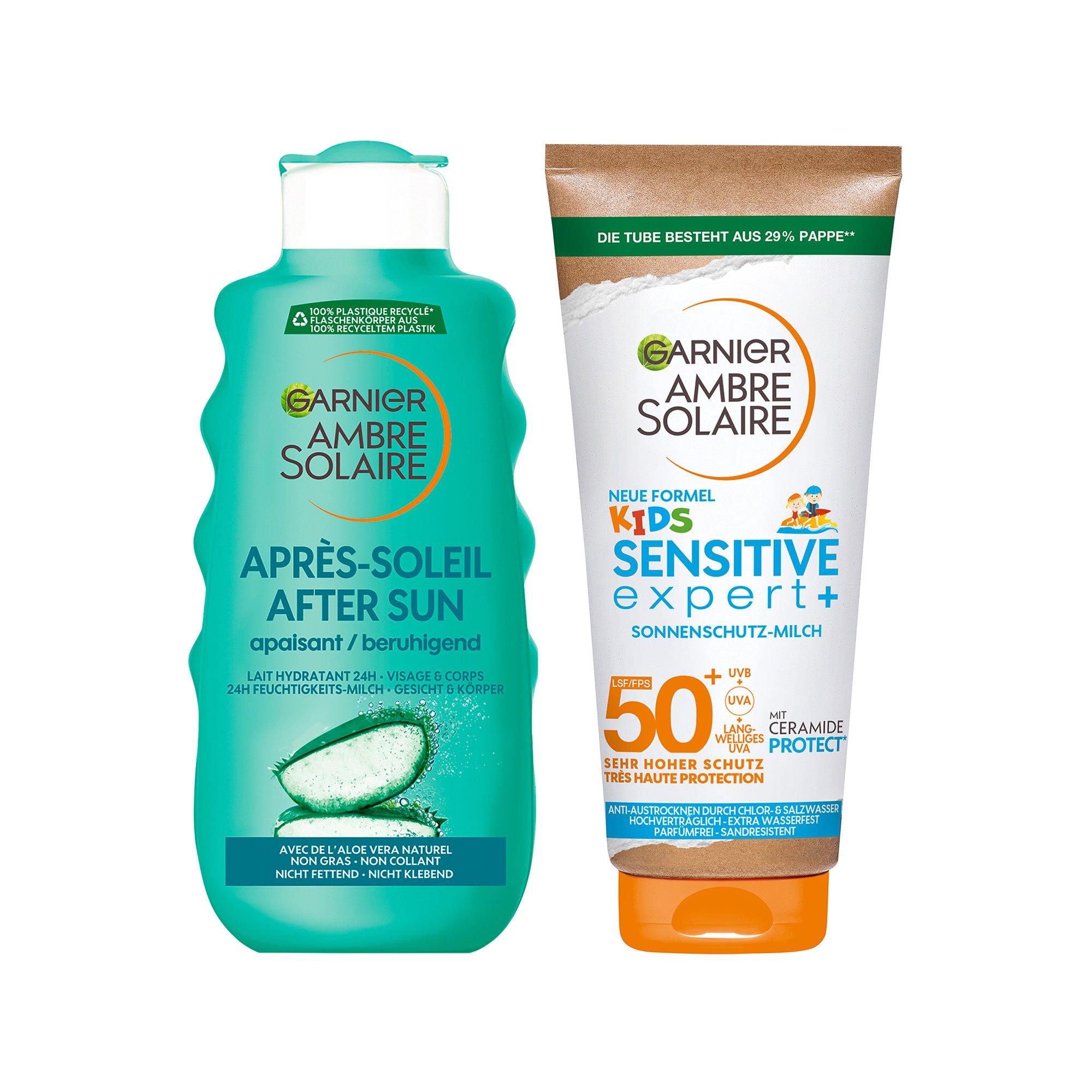 AMBRE SOLAIRE LAIT KIDS SPF50 + AFTERSUN Kids Sensitive expert+ Lait solaire FPS 50 + Lait Après Soleil  hydratant et apaisant 