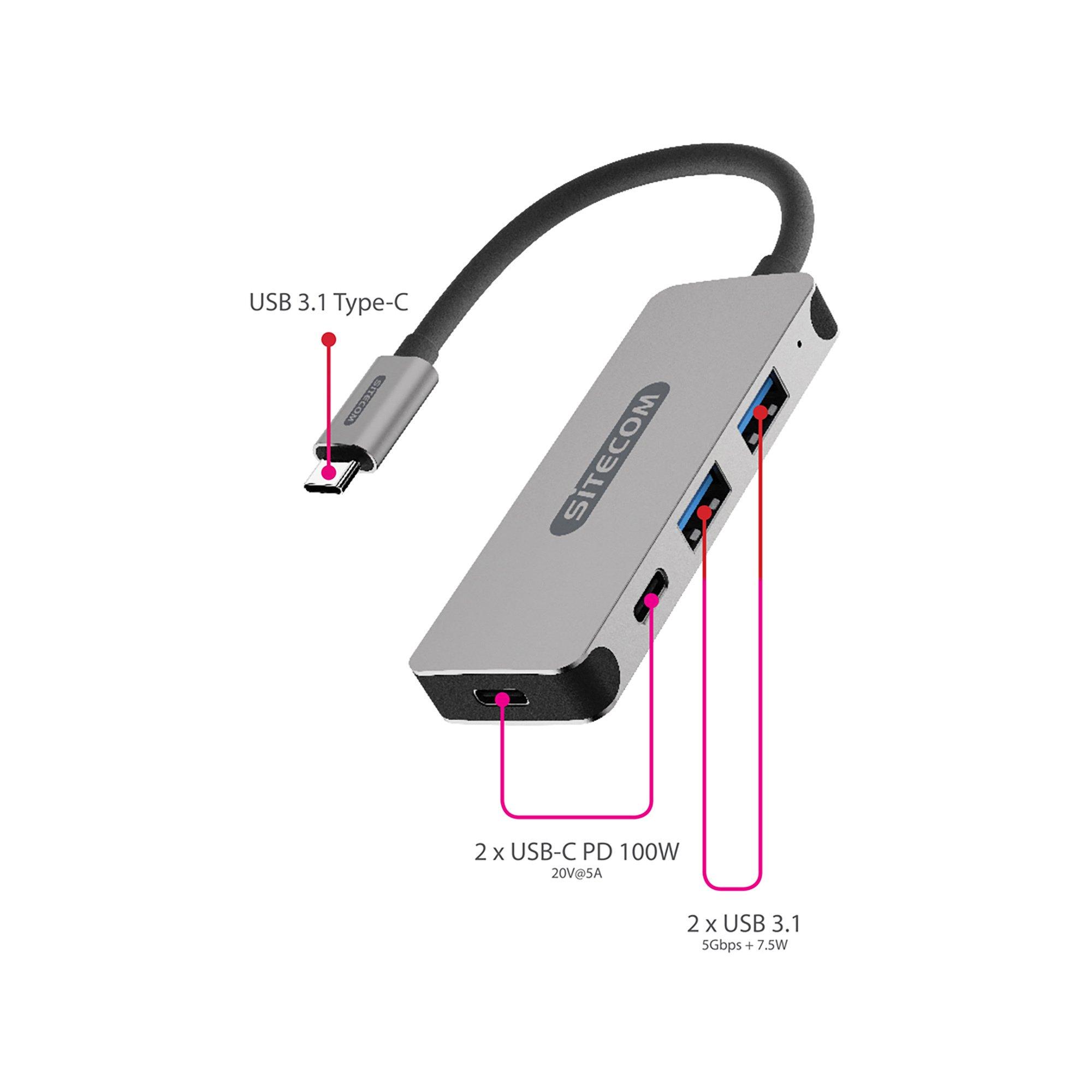 SITECOM CN-384 USB-C 3.1 Hub - 4 Ports, 2x USB-A, 2x USB-C USB-C HUB 