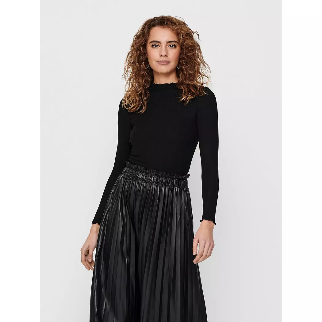 Langarmshirt ONLY "ONLEMMA L/S HIGH NECK TOP", Damen, Gr. S, schwarz, Jersey, Obermaterial: 65% Polyester, 30% Viskose, 5% Elasthan, unifarben, sehr schmal normal, hoch geschlossener Ausschnitt, gewellter Abschluss, Shirts Langarmshirt