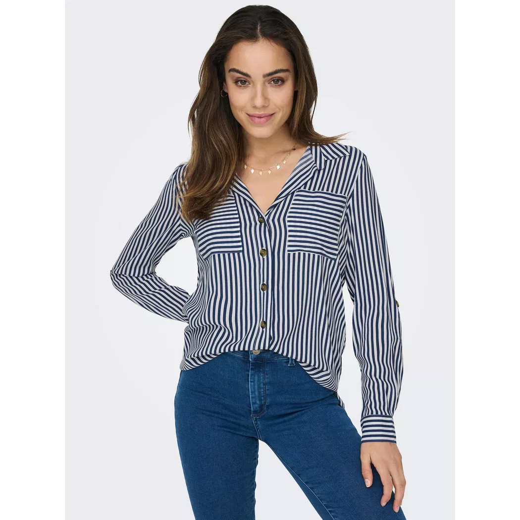 Hemdbluse ONLY "ONLYASMIN SHIRT L/S WVN NOOS", Damen, Gr. L, blau (peacoat stripes), Web, Obermaterial: 100% Viskose, gestreift, loose fit hüftbedeckend, Blusen Hemdbluse