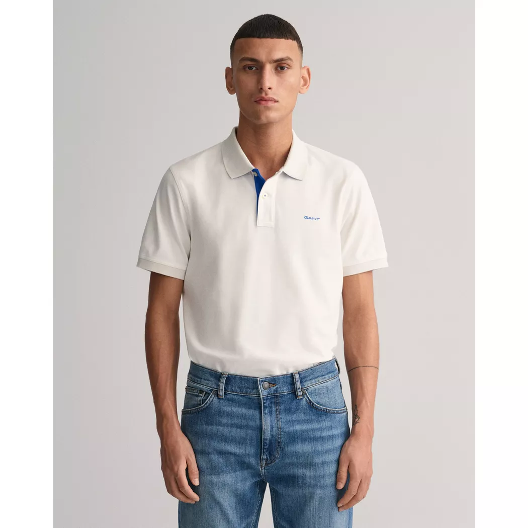 Gant pour homme. 2062026 Polo en piqué contrasté blanc cassé (XL), Casuel, Coton, Classique, Manche courte
