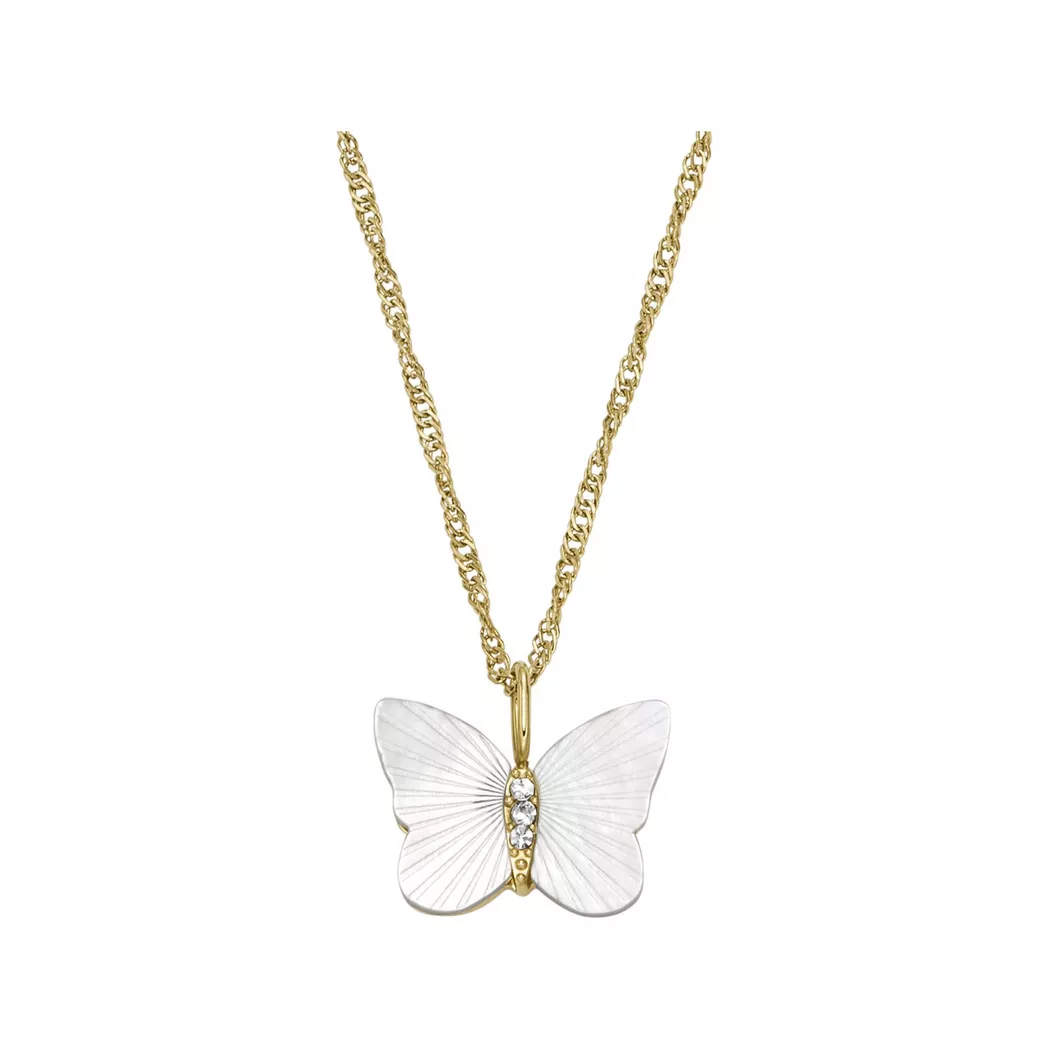 Kette mit Anhänger FOSSIL "Schmuck Geschenk Edelstahl Halskette JEWELRY Schmetterling", weiß (gelbgoldfarben, kristallweiß, perlmuttfarben), Halsketten, Damen, Edelstahl, L: 46,5, mit Zirkonia (synth.) - mit Perlmutt