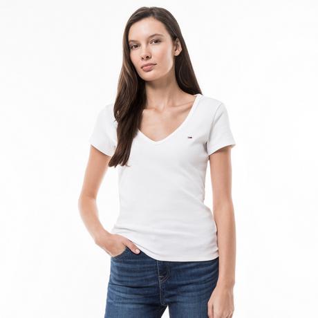 TOMMY JEANS TJW Slim Essential T-Shirt a Coste con Scollo a V  