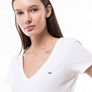 TOMMY JEANS TJW Slim Essential Geripptes V-Ausschnitt T-Shirt  