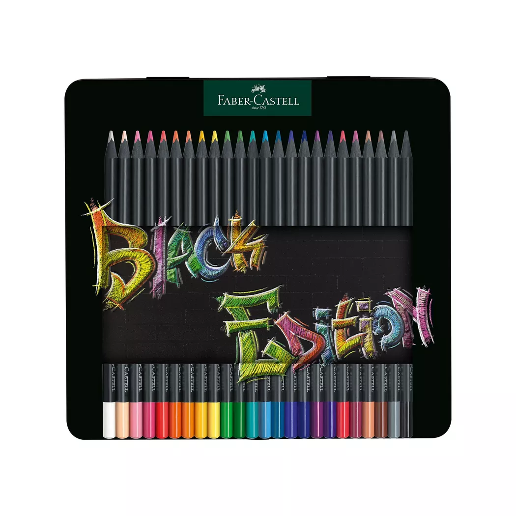 Faber-Castell Boîte en métal de 24 crayons de couleur Black Edition