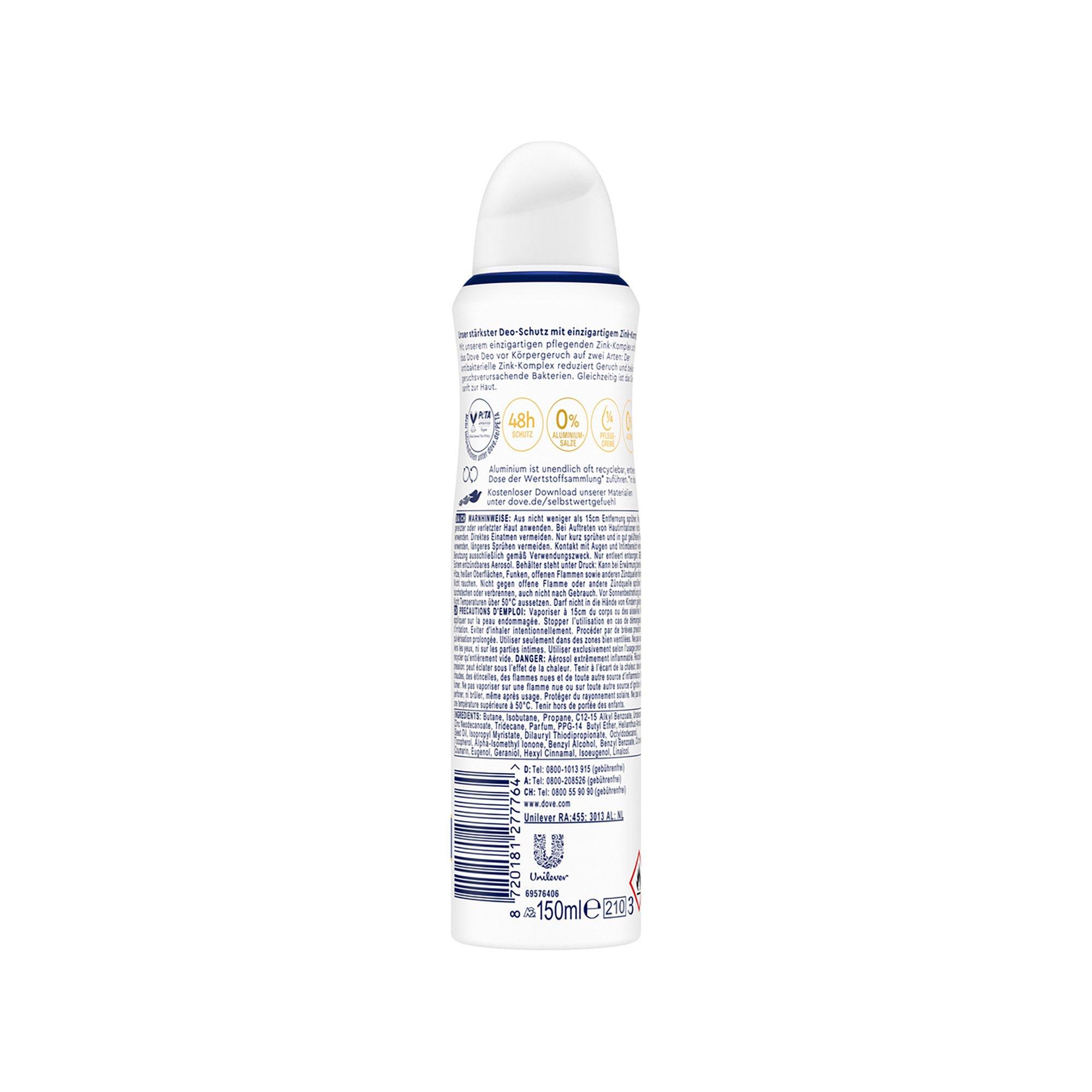 Dove Deo 0% Original Aerosol 0% Aluminiumsalze mit Zink-Komplex original Deodorant-Spray 