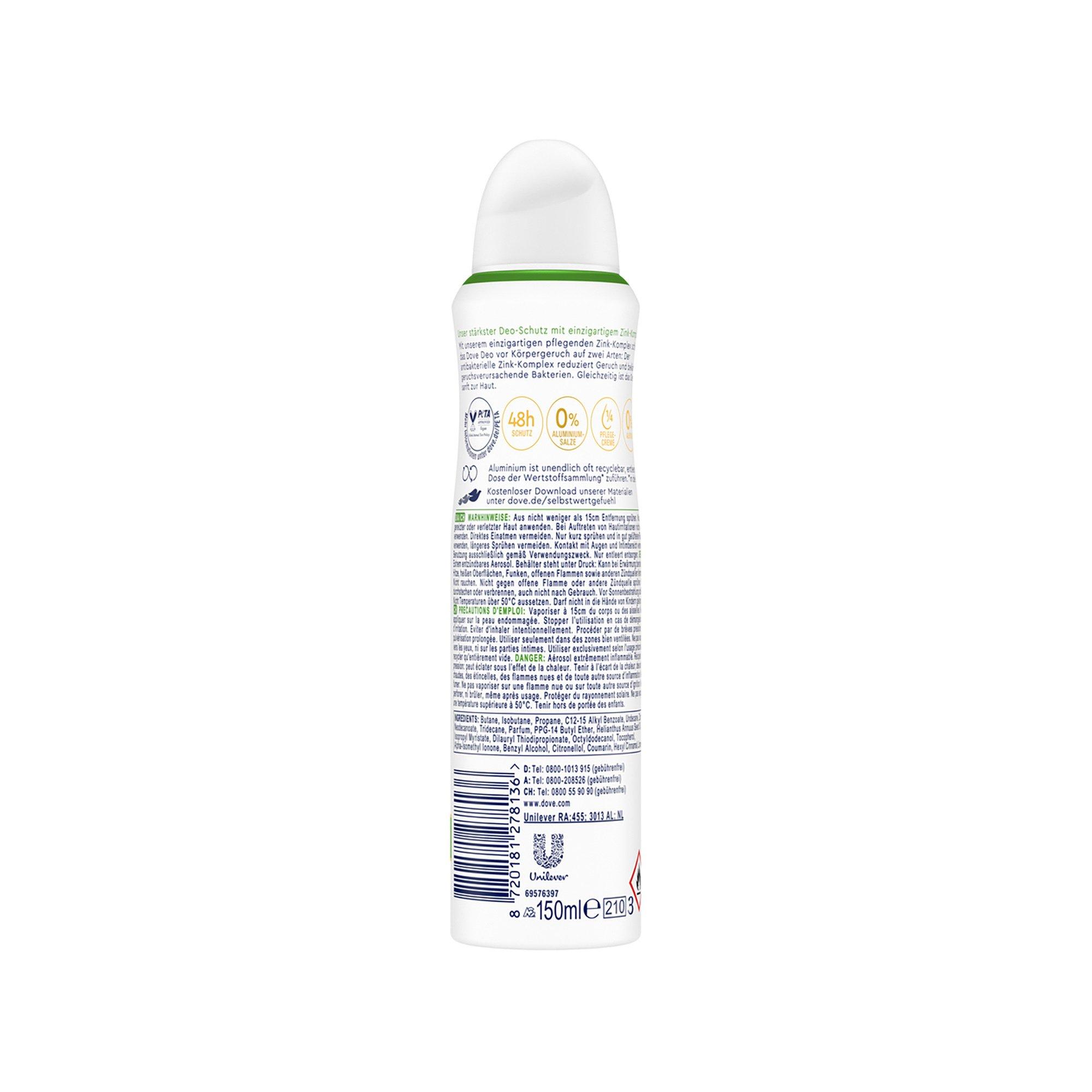 Dove Deo 0% Gurkenduft Aerosol 0% Sels D'aluminium Avec Complexe De Zinc Parfum Concombre Spray Déodorant 