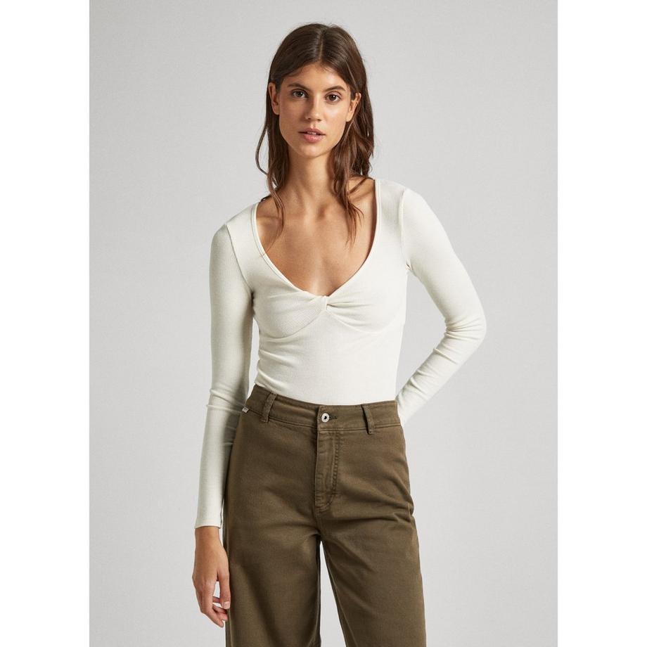 Pepe Jeans London Huala T-shirt côtelé manches longues encolure profonde  
