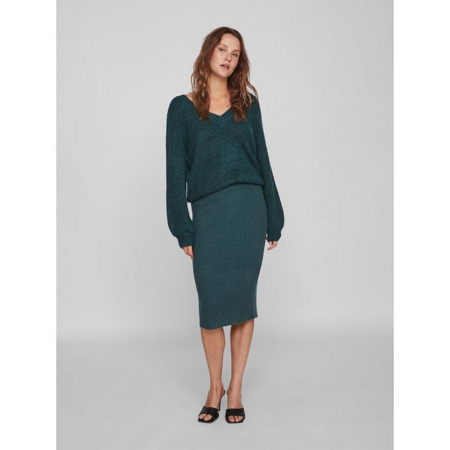 VILA Jupe Midi Taille Haute en Maille Côtelée  