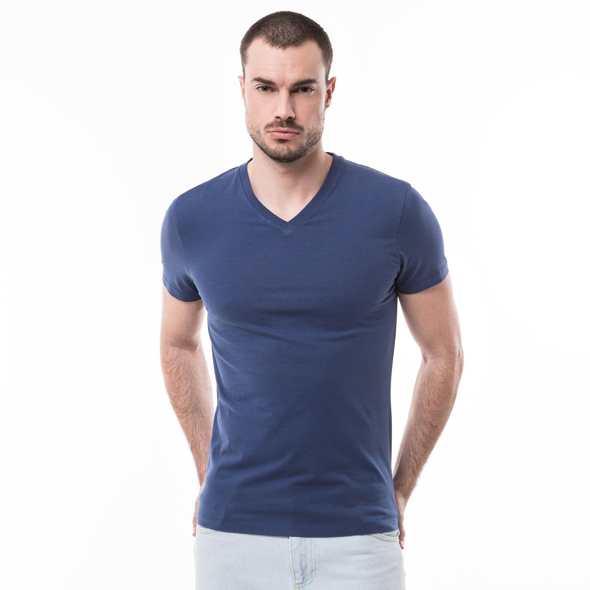 Image of T-shirt, V-neck, Kurzarm Herren Blau S