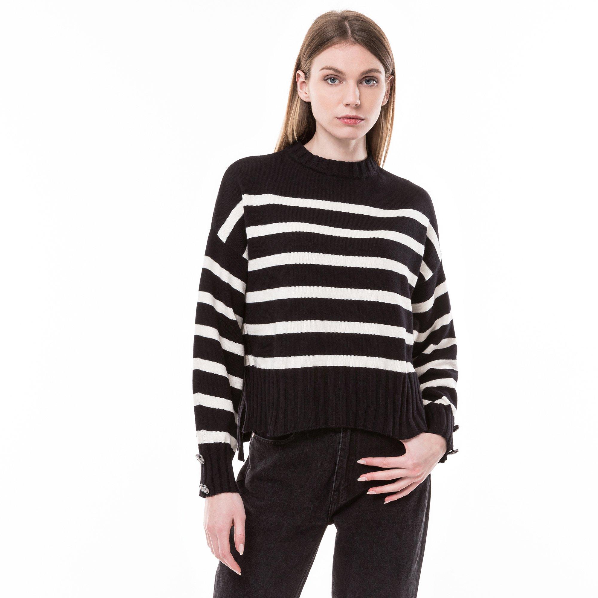 Image of Pullover, Classic Fit, Langarm Damen Schwarz/Weiss XS