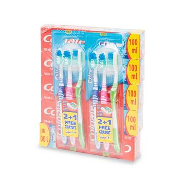 Multipack, bestehend aus 5 Zahnpaste FreshGel und 2 Trio Zahnbürsten