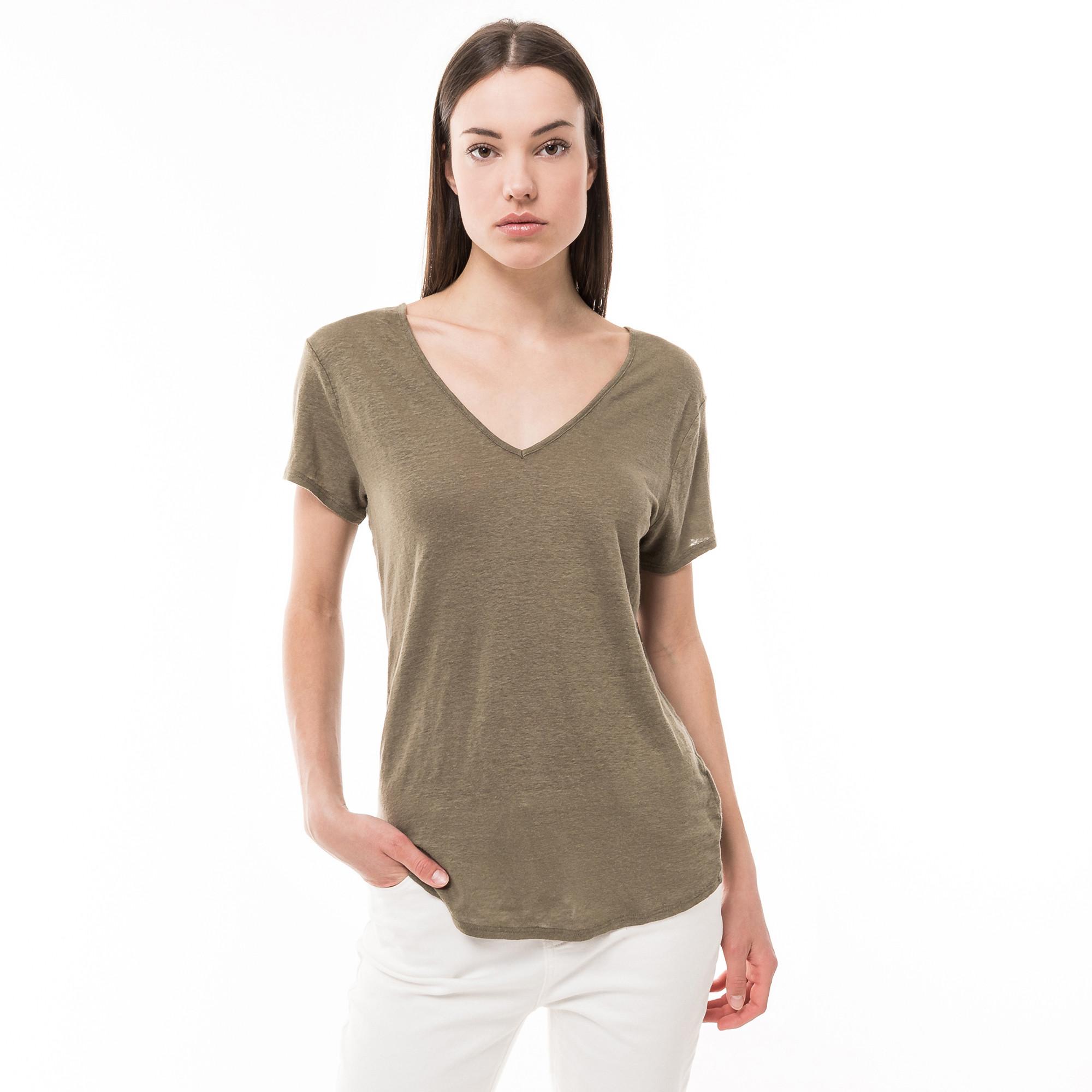 Image of T-shirt, V-neck, Kurzarm Damen Militärgrün L
