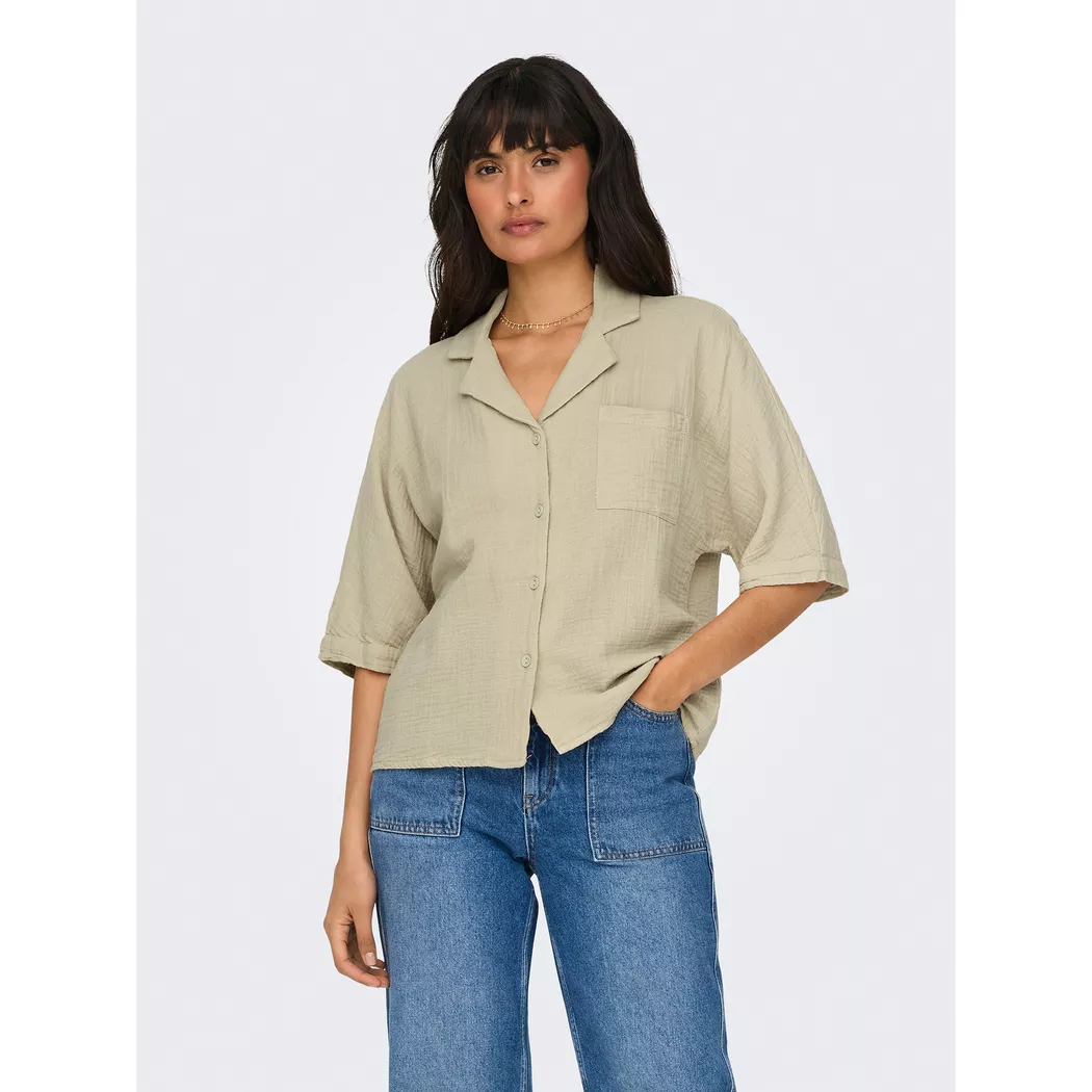 Kurzarmbluse ONLY "ONLTHYRA LIFE SS SHIRT NOOS WVN", Damen, Gr. L, oxford tan, Web, Obermaterial: 100% Baumwolle, unifarben, regular fit normal, V-Ausschnitt, Blusen