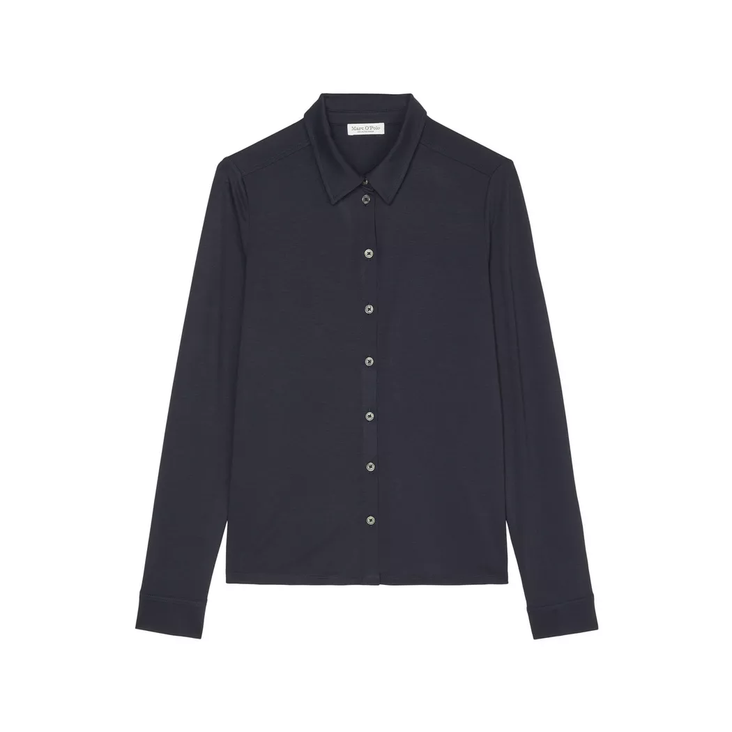 Blusenshirt MARC O'POLO, Damen, Gr. S, blau, Single Jersey, Obermaterial: 97% Viskose, 3% Elasthan, Basic, regular fit hüftlang, hoch geschlossener Ausschnitt, Manschette mit Knöpfen, Shirts Blusenshirt, im hüftlangen Schnitt