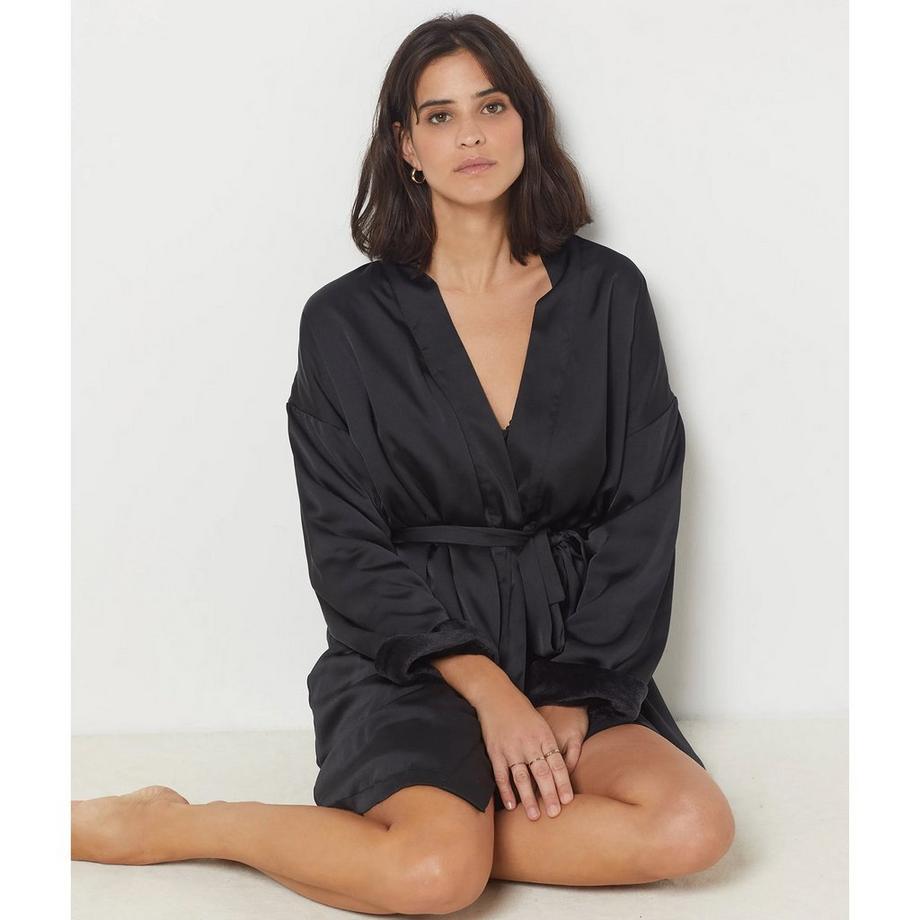 Etam Vestaglia in raso con polsini in pelliccia sintetica  