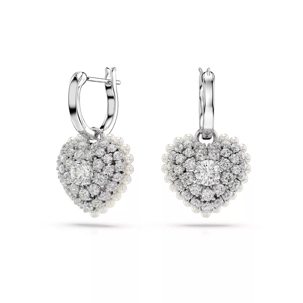 Paar Creolen SWAROVSKI "Idyllia E Heart Drop Herz", silber (metallfarben, kristallweiß, weiß, kristallweiß), Ohrringe, Damen, Metall Perlen, Metall, Perlen, mit Swarovski Kristall - mit Swarovski Perle - Einhänger abnehmbar