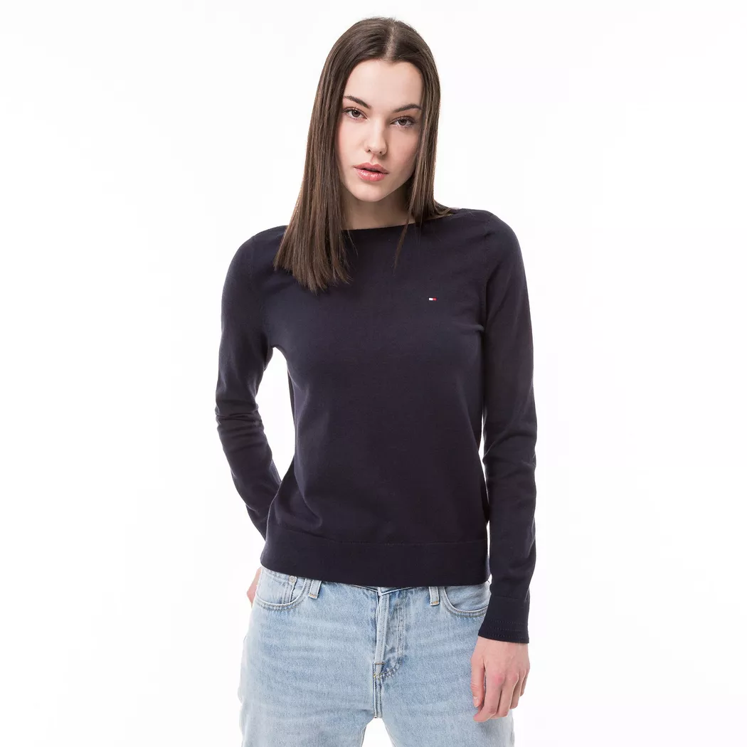 Tommy Hilfiger pour femme. WW0WW42050 Sweatshirt en maille à col bateau marine (XL), Casuel, Manche longue, Le coton biologique, Durable