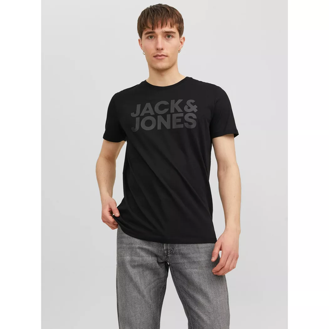 Rundhalsshirt JACK & JONES "JJECORP mit Logo-Print und klassischem Rundhals", Damen, Gr. L, schwarz (schwarz fit:slim, large print, schwarz), Single Jersey, Obermaterial: 100% Baumwolle, bedruckt, regular fit normal, Rundhals, Shirts Rundhalsshirt, Baumwo