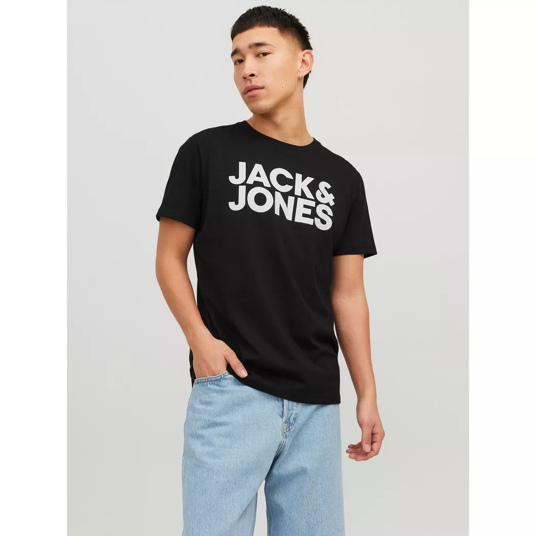 Rundhalsshirt JACK & JONES "JJECORP mit Logo-Print und klassischem Rundhals", Damen, Gr. L, schwarz, Single Jersey, Obermaterial: 100% Baumwolle, bedruckt, regular fit normal, Rundhals, Shirts Rundhalsshirt, Baumwolle, regular fit