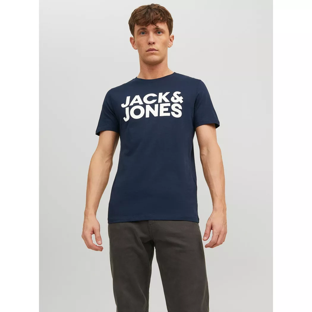 T-Shirt JACK & JONES "JJECORP Herren-Tee mit figurbetonter Silhouette", Herren, Gr. L, blau (navy), Jersey, Obermaterial: 100% Baumwolle, bedruckt, schmal hüftbedeckend, Rundhals, gerader Abschluss, Shirts T-Shirt, bedruckt, modisch, schmal, Baumwolle, Ru 2