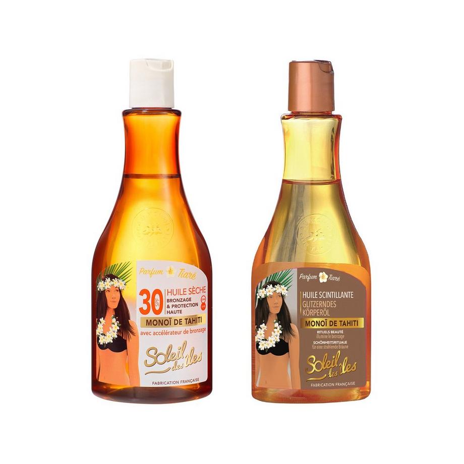 Soleil des iles DUO HUILE SECHE SPF30 DUO Olio secco SPF 30 e Olio scintillante 