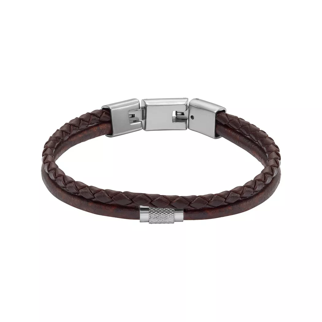 Armband FOSSIL "Schmuck Geschenk Edelstahl Leder Armschmuck JEWELRY", braun (edelstahlfarben, braun), Armbänder, Damen, 19,5cm, Edelstahl Leder, Edelstahl, Leder, Armband