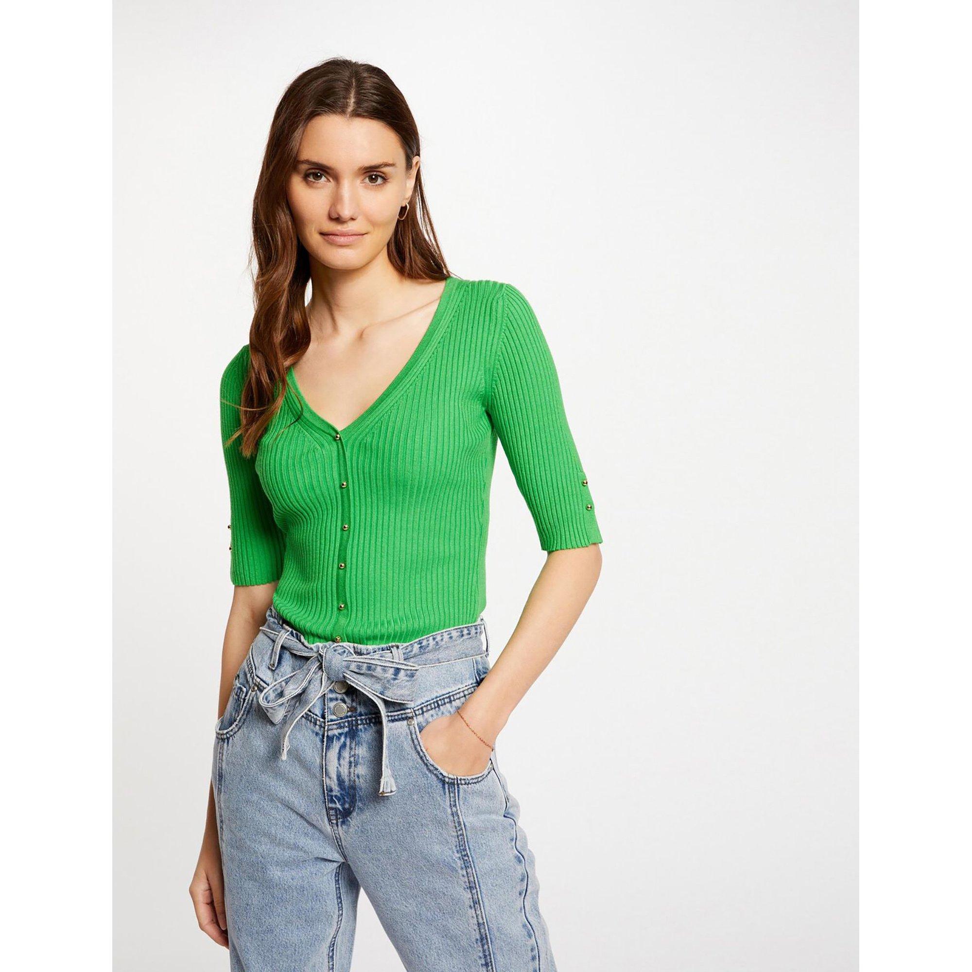 Pull Femme Col V Manches Courtes Morgan - Tricot Côtelé Élégant Avec Boutons Décoratifs