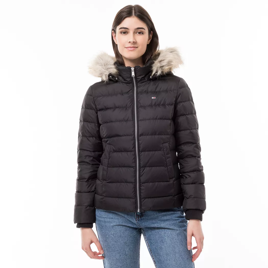 Tommy Jeans pour femme. DW0DW18312 Veste à capuche en fausse fourrure noire (S), Casuel, Polyester