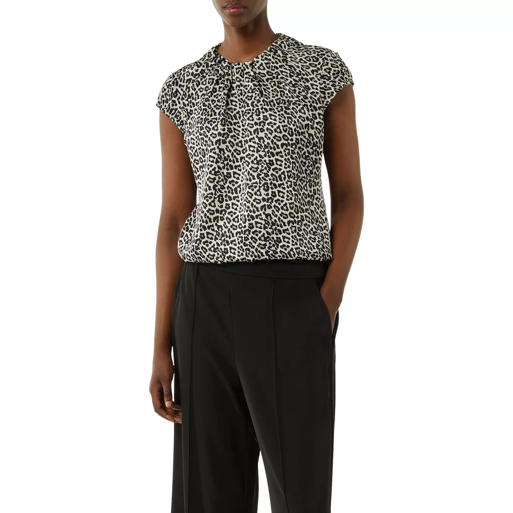 Kurzarmbluse COMMA, Damen, Gr. 42, braun (braun beige), Web, Obermaterial: 95% Polyester, 5% Elasthan, regular fit normal, Rundhals, offene Nähte, Blusen, mit Raffung und Animal-Print