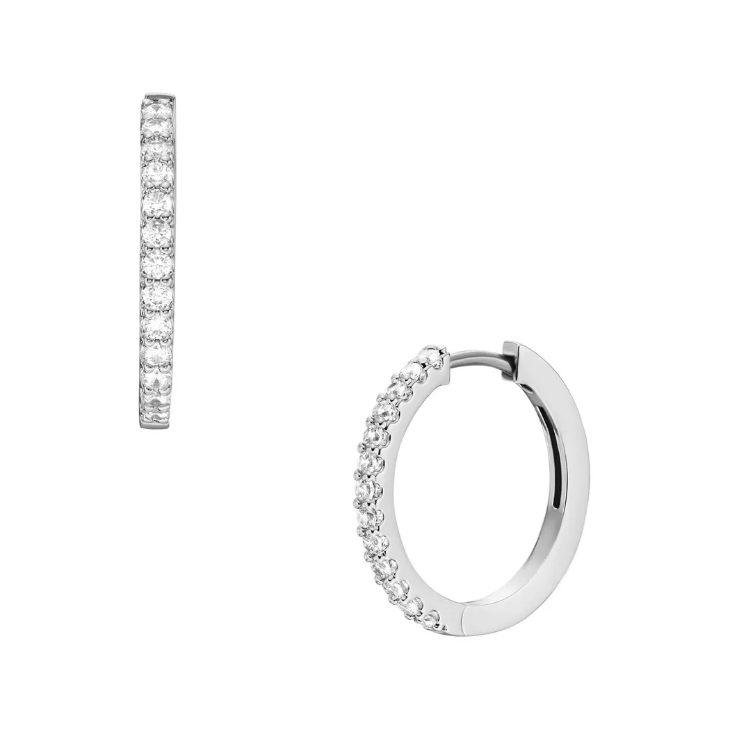 Paar Creolen FOSSIL "Schmuck Geschenk Metall Ohrringe ALL STACKED UP", silber (edelstahlfarben, kristallweiß, kristallweiß), Ohrringe, Damen, Metall, mit Glasstein
