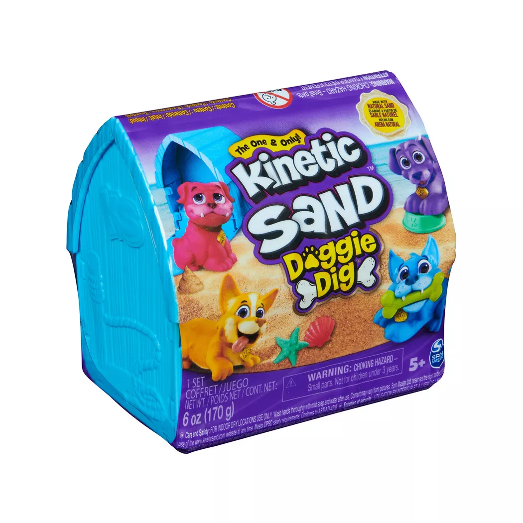 Kinetic Sand , Doggie Dig avec outil multi-usage surprise en forme de chien, 170 g de sable de plage et rangement de sable à modeler (plusieurs modèles disponibles.), jouets sensoriels pour enfants