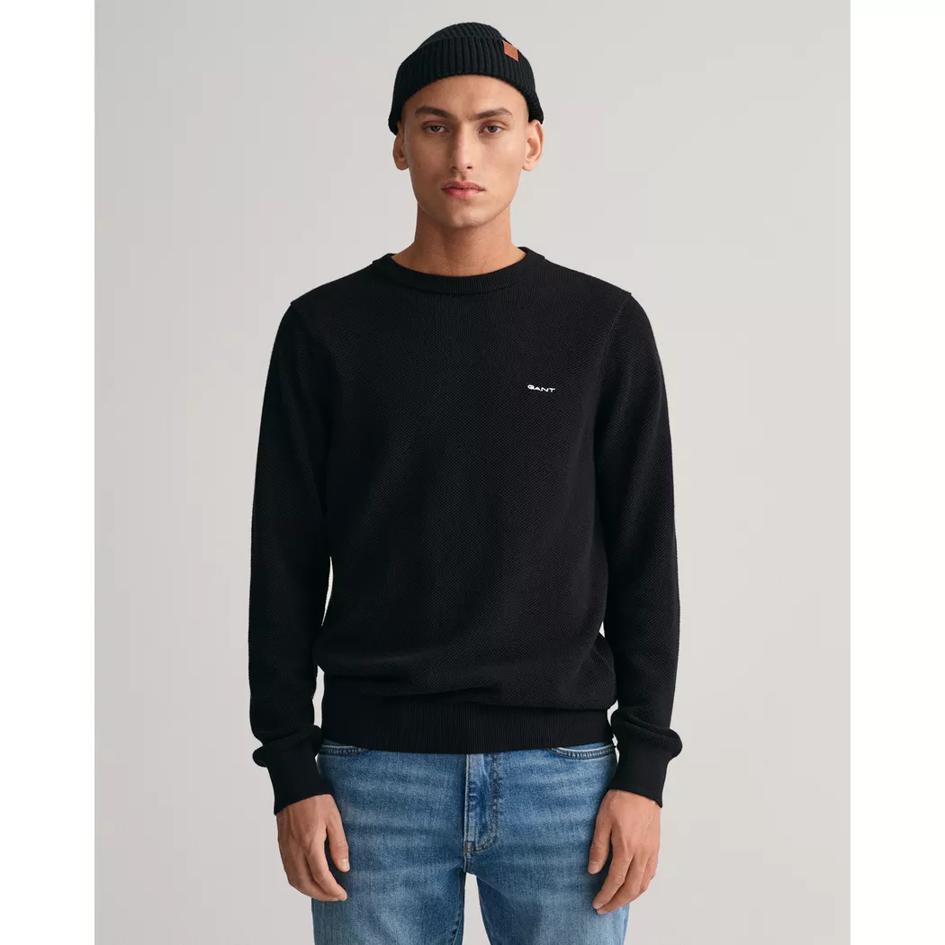 Rundhalspullover GANT "COTTON PIQUE C-NECK", Herren, Gr. XL, schwarz, Strick, Obermaterial: 100% Baumwolle, unifarben, regular fit hüftlang, Rundhals, Rippstrickbündchen, Pullover Rundhalspullover, mit Logostickerei auf der Brust