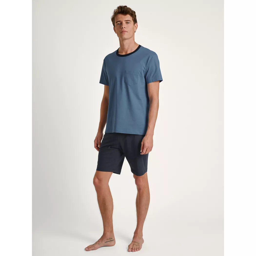 Shorty CALIDA "Relax Streamline 1", Damen, Gr. XXL (58/60), retro blau, Interlock, Obermaterial: 100% Baumwolle, bequem kurz, V-Ausschnitt, Homewear-Sets Shorty, weich, Interlock-Qualität, kurze Ärmel 2