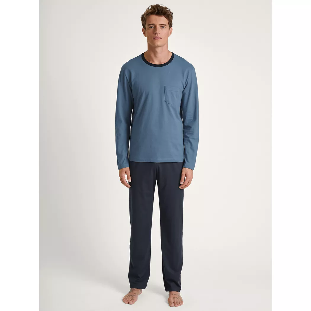 Schlafanzug CALIDA "Relax Essentials", Herren, Gr. S (46/48), blau (coronet blau), Obermaterial: 100% Baumwolle, unifarben, bequem lang, Rundhals, Homewear-Sets Schlafanzug, mit aufgesetzter Brusttasche