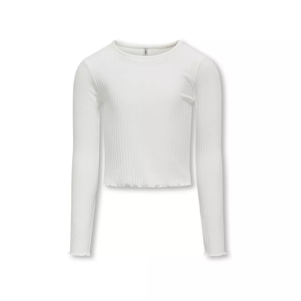 Langarmshirt KIDS ONLY "KOGNELLA L/S O-NECK TOP JRS NOOS", Mädchen, Gr. 134/140, weiß (cloud dancer), Jersey, Obermaterial: 65% Polyester, 30% Viskose, 5% Elasthan, unifarben, regular fit kurz, Rundhals, gewellter Abschluss, Shirts Langarmshirt, Materialm 2
