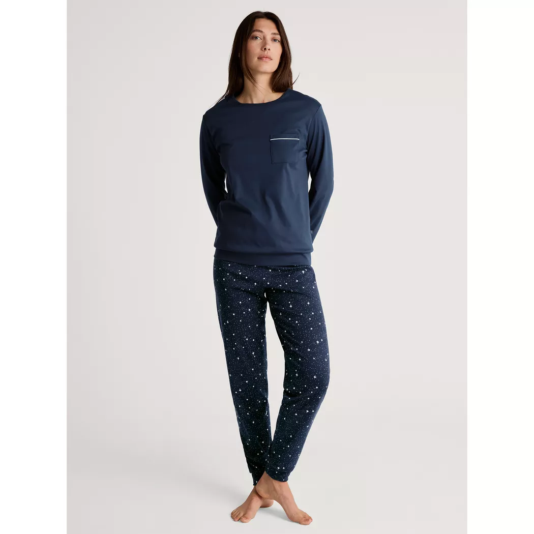 Schlafanzug CALIDA "Sweet Dreams", Damen, Gr. S (40/42), blau (peacoat blau), Interlock, Obermaterial: 100% Baumwolle, bequem lang, Rundhals, angesetztes Bündchen, Homewear-Sets Schlafanzug, Langarm, Rundhals, Interlock-Qualität, weich, bequem 2