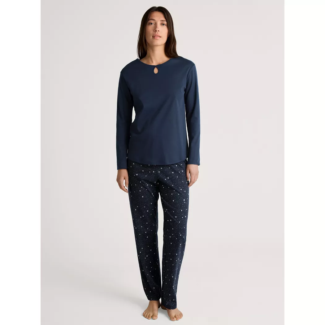 Schlafanzug CALIDA "Sweet Dreams", Damen, Gr. S (40/42), blau (peacoat blau), Interlock, Obermaterial: 100% Baumwolle, gemustert, bequem lang, Rundhals, Homewear-Sets Schlafanzug, lockere Passform, Rundhals, Interlock-Qualität, Langarm, weich
