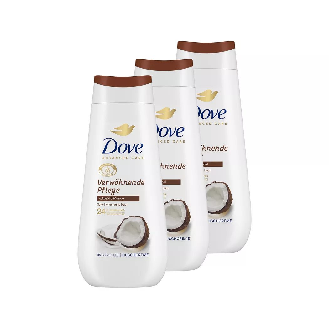 Dove - Duschcreme TRIO,  Advanced Care Verwöhnende Pflege Kokosöl & Mandel, 3 x 225 ml