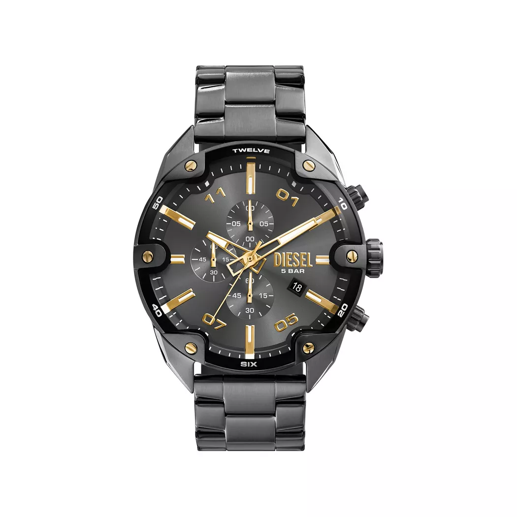 Chronograph DIESEL "SPIKED", schwarz (gunfarben), Armbanduhren, Damen, Chronograph, Quarzuhr, Armbanduhr, Herrenuhr, Stoppfunktion, Edelstahlarmband