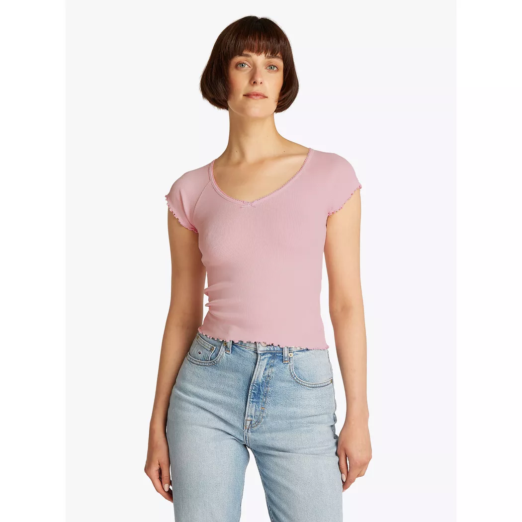 Kurzarmshirt TOMMY JEANS "TJW SLIM VNECK GMD RIB SS", Damen, Gr. S (36), rosa (precious pink), Rippware, Obermaterial: 95% Baumwolle, 5% Elasthan, unifarben, figurbetont kurz, V-Ausschnitt, Raglanärmel Rollkante, Shirts, mit Rollkanten, im femininen Stil