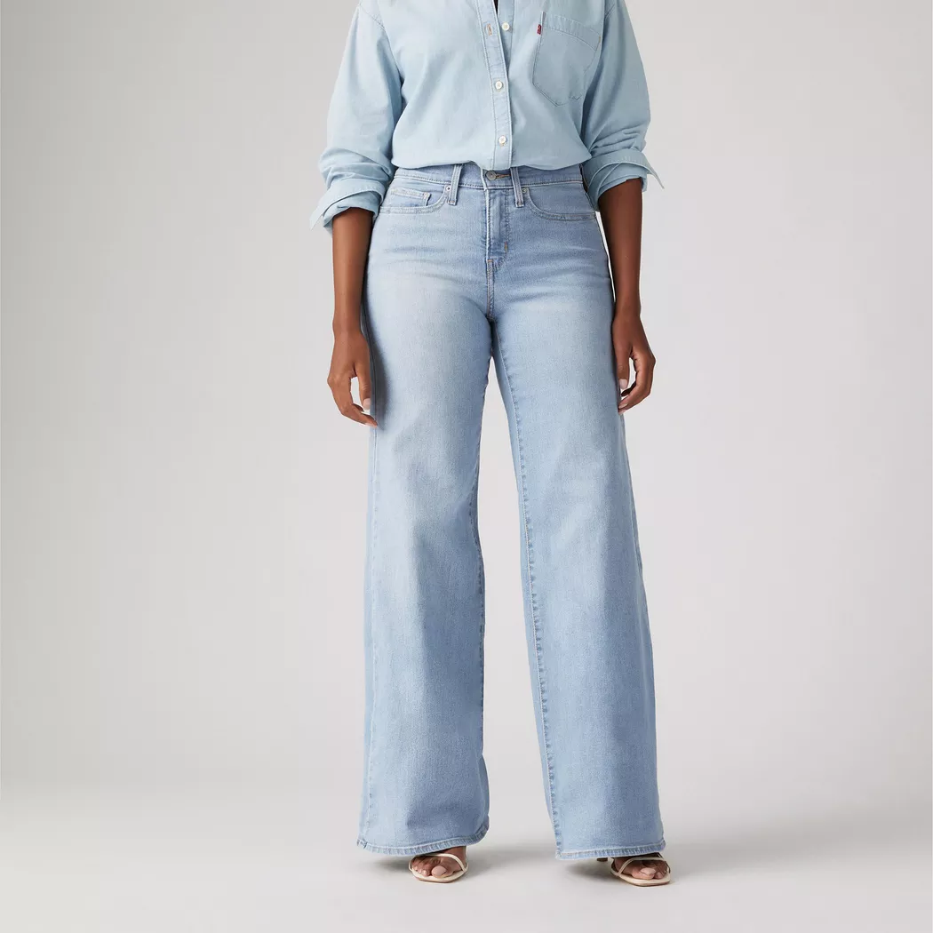 Weite Jeans LEVI'S "Jeans 318 SHAPING", Damen, Gr. 29, Länge 30, blau (tall glass), Denim/Jeans, Obermaterial: 80% Baumwolle, 19% Polyester, 1% Elasthan, unifarben, weit knöchellang, Jeans, im Five-Pocket Style, Topseller