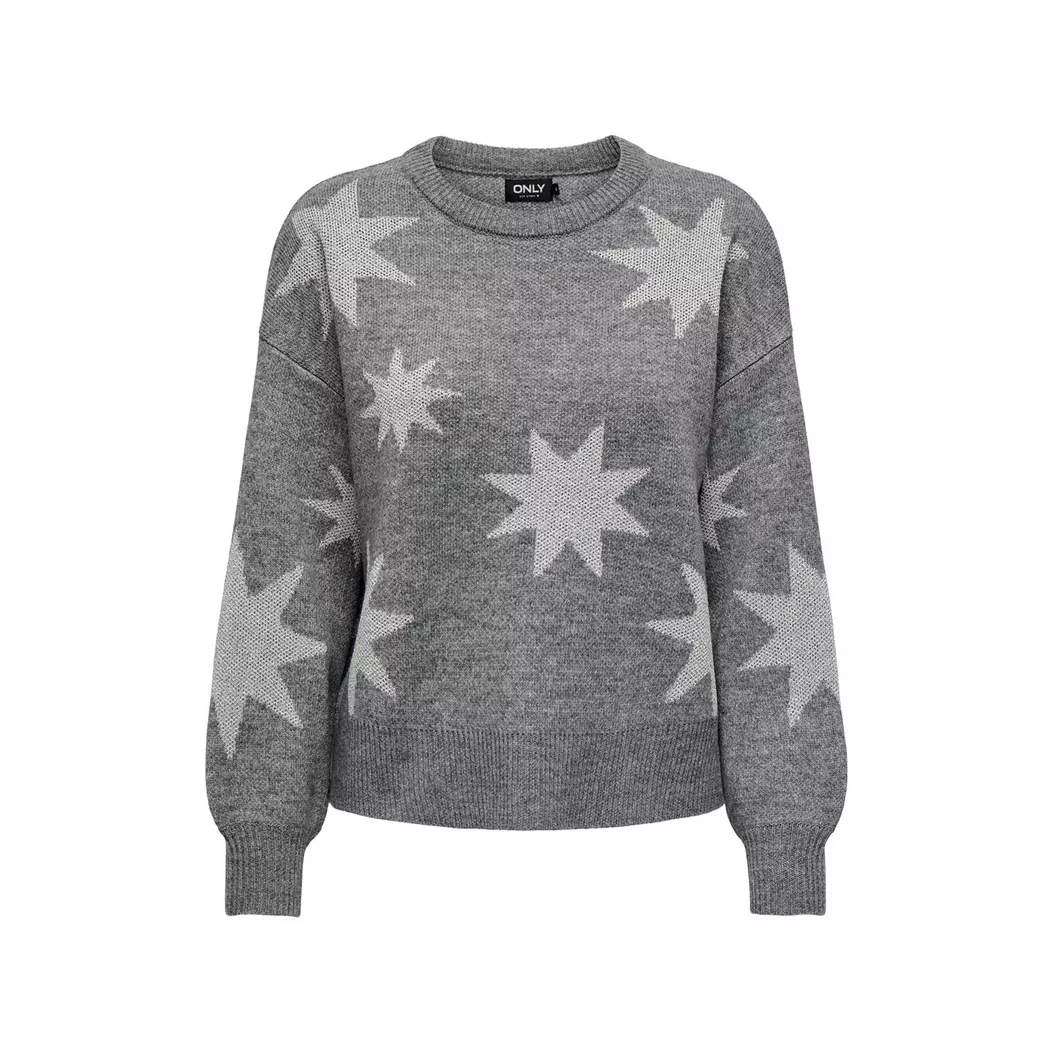 Rundhalspullover ONLY "ONLROSIE LS O-NECK GLITTER KNT", Damen, Gr. M, medium grau melange pattern:silber glitter, Strick, Obermaterial: 47% Polyacryl, 33% metallisierte Fasern, 20% Polyester, gemustert, regular fit, Rundhals, Rippstrickbündchen, Pullover 
